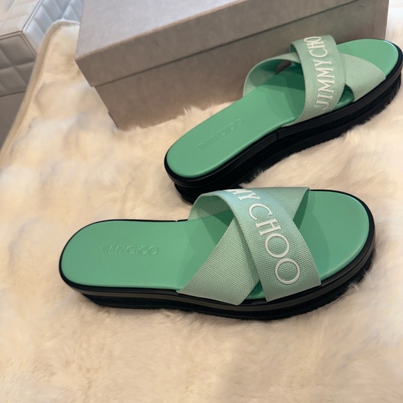 Jimmy Choo Green Canvas Logo Wedge Sandals - Picture 6 of 10